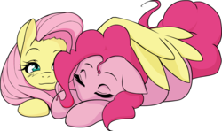 Size: 3147x1859 | Tagged: safe, artist:coinpo, fluttershy, pinkie pie, earth pony, pegasus, pony, g4, comforting, cuddling, female, hug, lesbian, ship:flutterpie, shipping, sleeping, snuggling, winghug