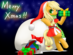 Size: 1000x750 | Tagged: safe, artist:hashioaryut, applejack, earth pony, pony, g4, bag, bipedal, bipedal leaning, christmas, clothes, female, hat, holiday, leaning, mare, merry christmas, pixiv, present, sack, santa hat, santa sack, scarf, solo