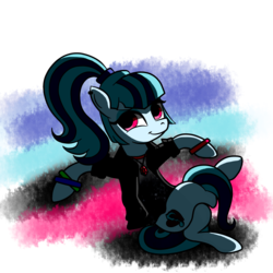 Size: 2448x2448 | Tagged: safe, artist:blackbasscry, sonata dusk, pony, equestria girls, g4, clothes, cool, crossed legs, ear piercing, equestria girls ponified, female, helix piercing, high res, looking at you, pendant, ponified, shirt, solo, wristband
