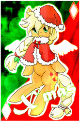 Size: 600x910 | Tagged: dead source, safe, artist:wolfyato, applejack, earth pony, pony, g4, bipedal, braided tail, female, hat, mare, pixiv, santa hat, solo