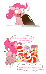 Size: 625x1000 | Tagged: dead source, safe, artist:sion, apple bloom, pinkie pie, scootaloo, sweetie belle, earth pony, pegasus, pony, unicorn, g4, blushing, butt, candy, candy cane, cutie mark crusaders, exclamation point, featureless crotch, female, filly, foal, heart, jumping, misleading thumbnail, not a penis, not porn, open mouth, plot, pronking, tongue out, underhoof
