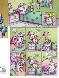 Size: 720x960 | Tagged: safe, idw, spike, sweetie belle, pony, unicorn, friends forever #13, g4, my little pony: friends forever, spoiler:comic, alarm clock, bed, comic, cute, d:, diasweetes, falling, female, filly, frown, gritted teeth, idw advertisement, on side, open mouth, pillow, plushie, preview, sleeping, smiling, solo, spike plushie, swirly eyes, tipping, wide eyes, zzz