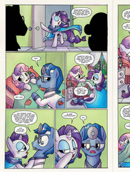 Size: 720x960 | Tagged: safe, idw, doctor cure heart, rarity, spike, sweetie belle, earth pony, pony, unicorn, g4, spoiler:comic, spoiler:comicff13, backwards thermometer, bed, comic, doctor, female, filly, head mirror, idw advertisement, male, mare, pillow, preview, sick, stallion, thermometer