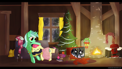 Size: 6000x3375 | Tagged: safe, artist:stinkehund, bon bon, lyra heartstrings, sweetie drops, g4, absurd resolution, backpack, blanket, boots, christmas, clothes, costume, cuddling, female, fire, fireplace, fluffy, high heel boots, high heels, lesbian, present, rope, saddle, scarf, ship:lyrabon, shipping, sitting, sleeping, snow globe, snuggling, tree