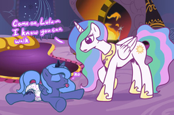 Size: 1253x829 | Tagged: safe, artist:sylph-space, princess celestia, princess luna, g4, age regression, diaper, filly, foal, momlestia, woona