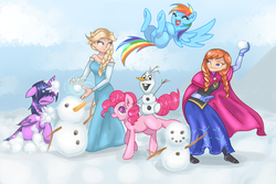 Size: 3000x2000 | Tagged: safe, artist:cartesia dawn, pinkie pie, rainbow dash, twilight sparkle, alicorn, pony, g4, anna, crossover, cute, disney, elsa, eyes closed, female, floppy ears, frozen (movie), hidden eyes frown, high res, laughing, looking at you, magic, mare, olaf, open mouth, playing, raised hoof, smiling, snow, snowball, snowman, twilight sparkle (alicorn), underhoof, upside down, waving, winter