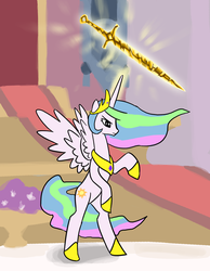 Size: 800x1031 | Tagged: safe, artist:gingermint, princess celestia, fanfic:past sins, g4, canterlot, canterlot castle, fanfic art, female, magic, solo, sword, throne, throne room, weapon