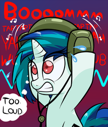 Size: 900x1050 | Tagged: safe, artist:mister-markers, dj pon-3, vinyl scratch, pony, unicorn, g4, female, headphones, loud, mare, red eyes, solo