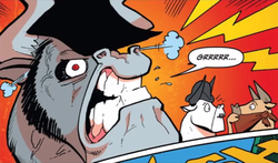 Size: 668x392 | Tagged: safe, idw, angus mcsteer, doc holstein, king longhorn, bull, g4, spoiler:comic, spoiler:comic26, angry, glare, gritted teeth, growling, idw advertisement, snorting, vein