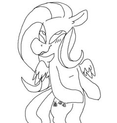 Size: 610x641 | Tagged: artist needed, safe, fluttershy, pony, g4, bipedal, female, monochrome, smiling, solo, wat