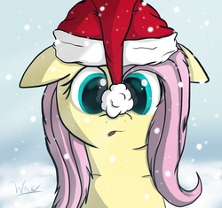 Size: 3000x2818 | Tagged: safe, artist:wave-realm, fluttershy, pegasus, pony, g4, christmas, cute, hat, high res, holiday, santa hat, shyabetes, snow, snowfall