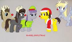 Size: 997x589 | Tagged: safe, artist:adkead80, derpy hooves, doctor whooves, maud pie, time turner, oc, oc:adam, oc:adkead80, oc:sonata, pegasus, pony, g4, background pony, christmas, christmas ponies, clothes, elf costume, female, holiday special, mare, red nosed reindeer, santa costume