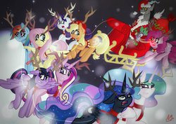 Size: 1024x724 | Tagged: safe, artist:darkestsunset, applejack, discord, fluttershy, pinkie pie, princess cadance, princess celestia, princess luna, rainbow dash, rarity, spike, twilight sparkle, alicorn, pony, reindeer, g4, alicorn tetrarchy, antlers, clothes, female, hat, mane seven, mane six, mare, santa costume, santa hat, sleigh, twilight sparkle (alicorn)