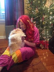 Size: 600x800 | Tagged: safe, artist:lochlan o'neil, sunset shimmer, dog, human, pomeranian, g4, christmas, clothes, cosplay, irl, irl human, pajamas, photo