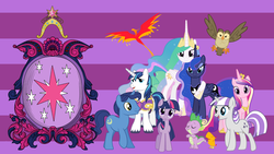 Size: 1920x1080 | Tagged: safe, artist:neodarkwing, night light, owlowiscious, peewee, philomena, princess cadance, princess celestia, princess luna, shining armor, spike, twilight sparkle, twilight velvet, phoenix, g4, big crown thingy, element of magic, family