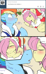 Size: 1280x2042 | Tagged: dead source, safe, artist:rainbowscreen, fluttershy, rainbow dash, anthro, ask the gaylord, g4, blushing, butterscotch, christmas, comic, gay, holly, holly mistaken for mistletoe, imminent kissing, male, rainbow blitz, rule 63, ship:butterblitz, ship:flutterdash, shipping, tumblr