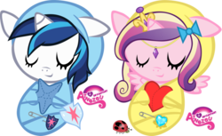 Size: 800x490 | Tagged: safe, artist:atnezau, part of a set, princess cadance, shining armor, alicorn, ladybug, pony, unicorn, g4, baby, baby alicorn, baby blanket, baby cadance, baby pony, babying armor, blanket, bow, cute, cutedance, daaaaaaaaaaaw, female, foal, hair bow, heart, male, newborn, pin, plushie, ribbon, safety pin, shining adorable, simple background, stars, swaddled, swaddled babies, transparent background, vector, wrapped snugly, young cadance, younger