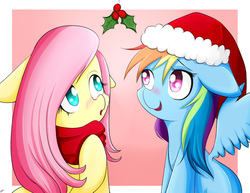 Size: 1604x1238 | Tagged: safe, artist:riouku, fluttershy, rainbow dash, pony, g4, :o, alternate hairstyle, blushing, clothes, female, floppy ears, hat, holly, holly mistaken for mistletoe, lesbian, looking up, mare, open mouth, raised eyebrow, santa hat, scarf, ship:flutterdash, shipping, sitting, smiling, spread wings