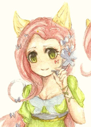 Size: 503x700 | Tagged: safe, artist:situ, fluttershy, human, g4, cropped, eared humanization, female, humanized, pixiv, solo, traditional art