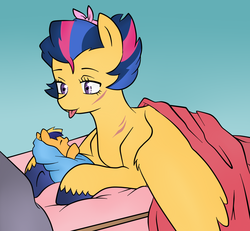 Size: 1300x1200 | Tagged: safe, artist:kianamai, artist:mutant-girl013, color edit, edit, oc, oc only, oc:starburst, oc:thunder stomp, kilalaverse, :p, bed, colored, colt, cute, eyes closed, foal, laughing, male, mother, newborn, next generation, offspring, offspring shipping, offspring's offspring, open mouth, parent:flash sentry, parent:oc:golden delicious, parent:oc:starburst, parent:twilight sparkle, parents:flashlight, parents:oc x oc, prone, ribbon, scar, shipping, smiling, spread wings, straight, tongue out, underhoof, unshorn fetlocks