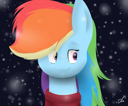 Size: 1024x853 | Tagged: safe, artist:lrusu, rainbow dash, pony, g4, bust, clothes, female, front view, night, portrait, scarf, snow, snowfall, solo