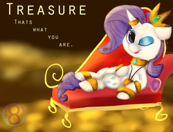 Size: 1024x780 | Tagged: safe, artist:orgin8, rarity, g4, collar, female, gold, hoard, horn, horn ring, solo, song reference