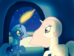 Size: 1024x768 | Tagged: safe, artist:biosonic100, princess celestia, princess luna, g4, meteor, raised hoof, s1 luna