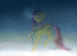 Size: 2591x1878 | Tagged: safe, artist:wolfiedrawie, fluttershy, pegasus, pony, g4, breath, clothes, digitally colored, female, folded wings, high res, looking up, mare, outdoors, profile, raised hoof, raised leg, scarf, smiling, snow, snowfall, solo, standing, traditional art, wings, winter, winter outfit