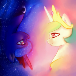 Size: 1000x1000 | Tagged: safe, artist:iris1039, princess celestia, princess luna, alicorn, pony, g4, duo, ethereal mane, female, looking at each other, looking at someone, looking into each others eyes, mare, rotational symmetry, royal sisters, siblings, sisters, starry mane, upside down