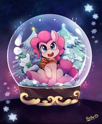 Size: 1477x1801 | Tagged: safe, artist:huaineko, pinkie pie, earth pony, pony, g4, cute, diapinkes, female, looking at you, mare, open mouth, open smile, pixiv, sitting, smiling, smiling at you, snow, snow globe, snowflake, snowglobe pony, snowpony, solo