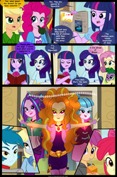 Size: 900x1360 | Tagged: safe, artist:jacky-bunny, adagio dazzle, apple bloom, applejack, aria blaze, derpy hooves, fluttershy, pinkie pie, rainbow dash, rarity, scootaloo, sonata dusk, thunderbass, twilight sparkle, equestria girls, g4, my little pony equestria girls: rainbow rocks, background human, book, comic, magic of the sirens, mane six, pendant, singing, the dazzlings, twilight sparkle (alicorn)