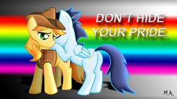 Size: 1280x720 | Tagged: safe, artist:shadowninja976, braeburn, soarin', earth pony, pegasus, pony, g4, banner, bipedal, bipedal leaning, gay, gay pride, gay pride flag, leaning, male, mouthpiece, old cutie mark, pride, rainbow, ship:soarburn, shipping, social justice, stallion