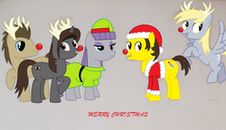 Size: 1000x574 | Tagged: safe, alternate version, artist:adkead80, derpy hooves, doctor whooves, maud pie, time turner, oc, oc:adam, oc:adkead80, oc:sonata, pegasus, pony, g4, background pony, christmas, christmas ponies, clothes, elf costume, female, gray background, hat, holiday special, looking back, mare, merry christmas, open mouth, raised hoof, red nose, red nosed reindeer, reindeer antlers, santa costume, santa hat, simple background, smiling, spread wings