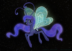 Size: 900x641 | Tagged: safe, artist:cosmicunicorn, princess luna, g4, breeziefied, ethereal mane, ethereal tail, female, flying, long legs, long mane, long tail, mare, slender, solo, starry sky, sternocleidomastoid, tail, thin