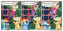 Size: 1050x520 | Tagged: safe, artist:rainbow-hooves, applejack, pinkie pie, rainbow dash, twilight sparkle, g4, comic, female, hearth's warming eve, lesbian, mistletoe, rudolph dash, scrunchy face, ship:appledash, shipper on deck, shipping