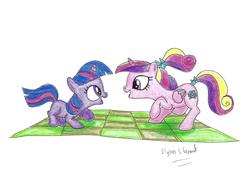 Size: 6159x4462 | Tagged: safe, artist:ulyssesgrant, princess cadance, twilight sparkle, a canterlot wedding, g4, absurd resolution, filly, scene interpretation, sunshine sunshine, teen princess cadance, traditional art, younger