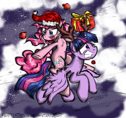 Size: 1700x1600 | Tagged: safe, artist:flutterthrash, pinkie pie, twilight sparkle, alicorn, pony, g4, duo, female, hat, mare, pinkie pie riding twilight, ponies riding ponies, present, reindeer antlers, riding, santa hat, twilight sparkle (alicorn)