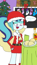 Size: 1152x2048 | Tagged: safe, artist:angelyoshi119, sonata dusk, equestria girls, g4, bag, candy, candy cane, chimney, christmas, christmas tree, clothes, food, hat, holiday, santa claus, santa costume, santa hat, socks, sonataco, that girl sure loves tacos, that siren sure does love tacos, tree