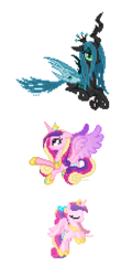 Size: 230x478 | Tagged: safe, artist:hexfloog, princess cadance, queen chrysalis, alicorn, changeling, changeling queen, pony, g4, cute, cutealis, cutedance, duo, duo female, eyes closed, female, filly, filly cadance, flying, mare, pixel art, signature, simple background, sprite, teen princess cadance, transparent background, younger