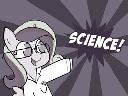 Size: 1280x960 | Tagged: safe, artist:iraincloud, princess cadance, moonstuck, g4, clothes, cute, female, glasses, lab coat, monochrome, open mouth, pointing, science, science woona, smiling, solo