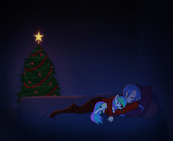 Size: 1280x1041 | Tagged: safe, artist:scorpdk, princess celestia, princess luna, human, g4, bed, christmas, christmas tree, clothes, commission, couch, eyes closed, female, humanized, on side, plushie, sleeping, smiling, snuggling, stockings, sweater, tree