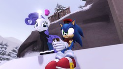 Size: 1366x768 | Tagged: safe, artist:sonicdevil18, rarity, g4, 3d, clothes, crossover, gmod, male, mug, snow, sonic the hedgehog, sonic the hedgehog (series), sweater, winter