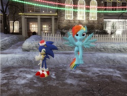 Size: 1280x960 | Tagged: safe, artist:famguy3, rainbow dash, g4, 3d, christmas lights, crossover, gmod, hat, house, male, rock, santa hat, snow, snowfall, snowman, sonic the hedgehog, sonic the hedgehog (series), tree, vase, wall