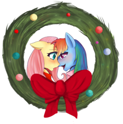 Size: 2509x2529 | Tagged: safe, artist:glitchyraptor, fluttershy, rainbow dash, pegasus, pony, g4, christmas, duo, female, high res, lesbian, ship:flutterdash, shipping, wreath