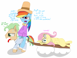 Size: 1024x768 | Tagged: safe, artist:stormytheloner, fluttershy, rainbow dash, oc, pony, g4, faint, riding, trio