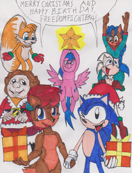 Size: 626x823 | Tagged: safe, artist:gojira007, firefly, oc, oc:nick, oc:sophie, g1, g4, bilbo baggins, boots, both cutie marks, christmas, clothes, crossover, flying, g1 to g4, generation leap, glowing, happy birthday, hat, holding, holly, male, merry christmas, miles "tails" prower, mittens, offspring, present, sally acorn, santa costume, santa hat, shipping, sonic the hedgehog, sonic the hedgehog (series), stars, the hobbit, wat