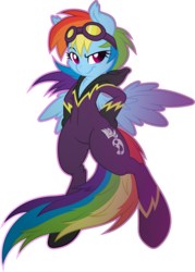 Size: 4478x6264 | Tagged: safe, artist:dfectivedvice, artist:gray-gold, rainbow dash, pegasus, pony, semi-anthro, g4, absurd resolution, arm hooves, bipedal, chest fluff, clothes, colored wings, female, goggles, hood, mare, shadowbolt dash, shadowbolts, shadowbolts costume, simple background, solo, transparent background