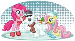 Size: 1061x592 | Tagged: safe, artist:metax-z, angel bunny, fluttershy, pinkie pie, g4, carrot, clothes, hat, scarf, snow, snowfall, snowpony, top hat