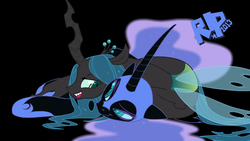 Size: 889x500 | Tagged: safe, artist:rip, nightmare moon, queen chrysalis, alicorn, changeling, changeling queen, pony, g4, crown, cuddling, female, jewelry, lesbian, regalia, ship:chrysmoon, shipping, snuggling