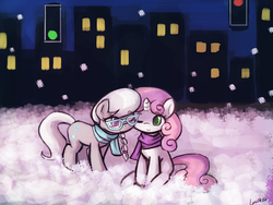 Size: 960x720 | Tagged: safe, artist:lumineko, silver spoon, sweetie belle, g4, clothes, cute, diasweetes, female, glasses, lesbian, scarf, ship:silverbelle, shipping, silverbetes, snow, snowfall